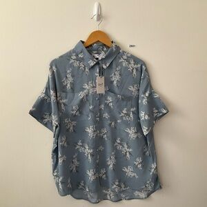 Oat New York Blue Floral Hawaiian Print Button Down Shirt Womens M Short Sleeve